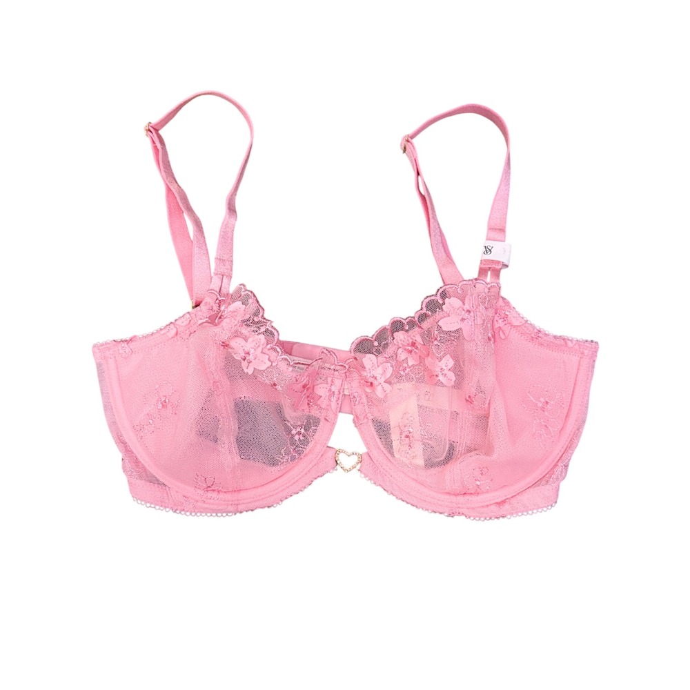 Victoria's Secret Pink Floral Lace Unlined Balconette Bra Heart Charm NWT 32DD